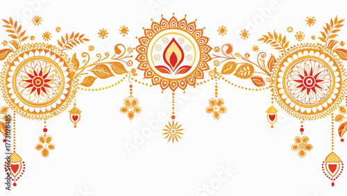 Indian wedding festival border with henna designs, golden paisleys, and floral garlands on white.