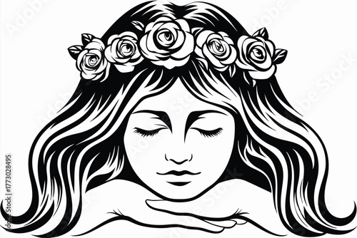 Monochromatic woman with flowing hair and rose crown peacefully rests her chin on clasped hands