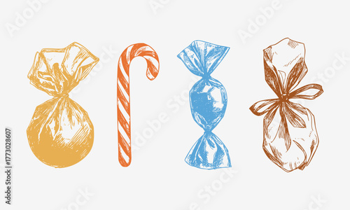 Candy sketch collection. Vintage hand drawn wrapped sweets and candy cane set. Retro confectionery illustration for packaging and Christmas design.