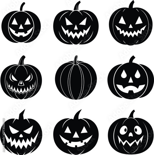 Set of Halloween Pumpkin Faces, Scary Jack O Lantern Silhouettes Collection
