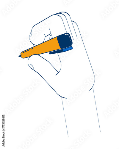 Hand holding ballpoint pen doodle cartoon illustration. Writing tool. Signing task. Pen grip. Filling out. Signature process 2D vector drawing isolated on white background. Editable hand-drawn clipart