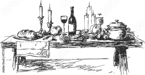 Rustic holiday dinner table sketch. Vintage hand drawn candles, wine, pumpkins, and bread arrangement. Illustration for Thanksgiving and autumn designs.