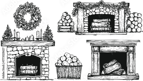 Rustic Christmas fireplace illustration. Hand drawn vintage hearths decorated with candles, logs, and holiday wreaths. Cozy home sketchy line art for festive winter design.