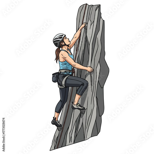 A determined woman climbs steadily up a mountain slope.
