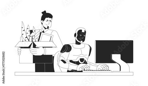 AI takeover line illustration concept. Job displacement. Artificial intelligence workforce. Robot replaces human employee in workplace outline 2D characters isolated. Ink linear metaphor vector art