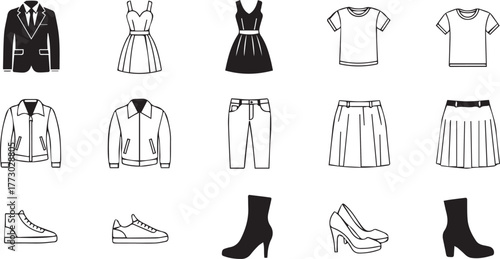 Minimalist Vector Clothing and Footwear Icons Collection on White Background