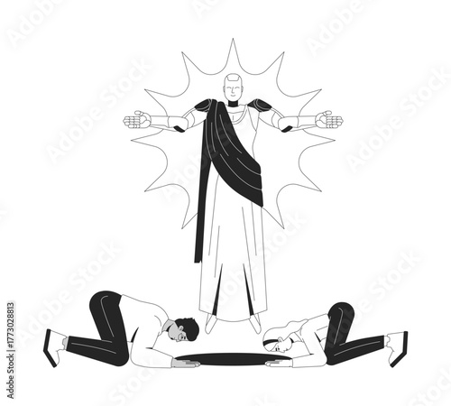 Worshipping artificial intelligence line illustration concept. AI deity. Religion reverence. Divine robot with people praying bowing outline 2D characters isolated. Ink linear metaphor vector art