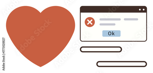 Red heart alongside a browser-style error dialog box featuring error messages, an OK button, and text lines. Ideal for themes thumbs up love, misunderstanding, communication, technology, rejection