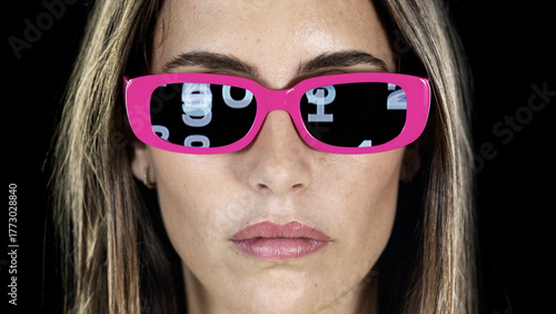 a pretty female with glasses with code