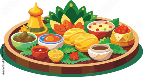  International festive food platter decorated with herbs and sauces in realistic icon style.