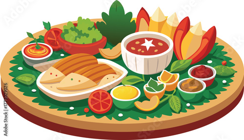 International festive food platter decorated with herbs and sauces.