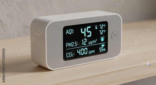 Air quality monitor displaying environmental data on wooden surface