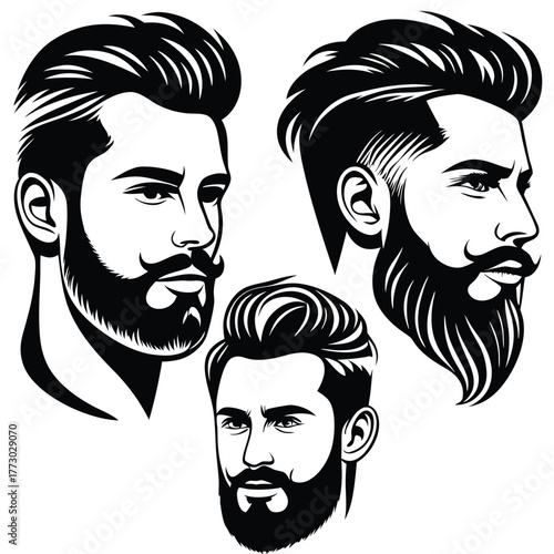 Monochrome bearded man faces display stylish haircuts and mustaches in an artistic composition