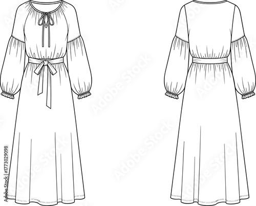 Fashion technical flat of long sleeve maxi dress with waist tie belt, gathered neckline, elastic cuffs, front and back view illustration, vector design