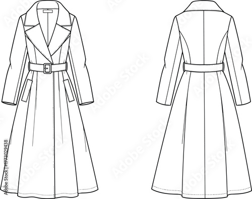 Fashion technical flat sketch of long trench coat with wide lapel collar, waist belt, front and back view, detailed vector fashion illustration