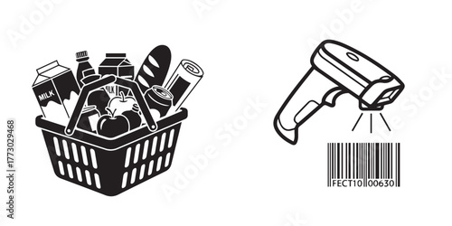 Retail Concept Icons: Shopping Basket, Groceries, Barcode Scanner, Barcode
