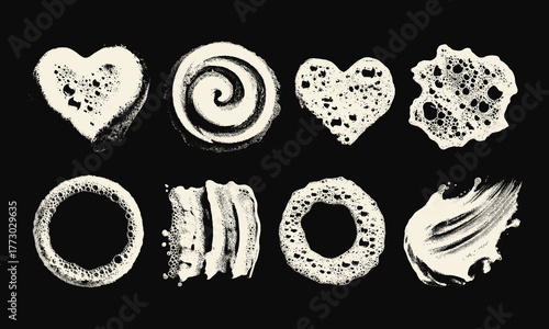 White foam soap texture vector elements set. Heart, spiral, and circle shapes with shaving cream and soapy bubbles. Shape for detergent, beauty, or skincare packaging.