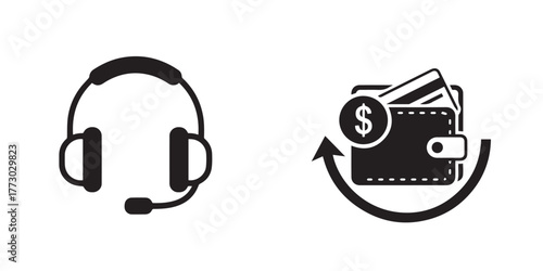 Black Vector Icons of Headset and Financial Transaction on White Background
