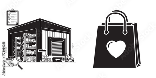Monochrome Vector Illustration of Warehouse Logistics and Retail Shopping Bag