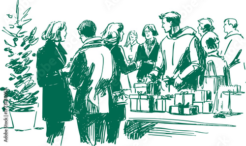 Vintage office holiday gathering with people exchanging Christmas gifts and chatting around festive table. Hand drawn retro sketchy illustration.