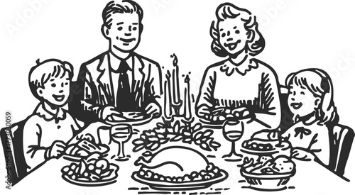 Retro black ink illustration of smiling family at festive dinner table. Vintage holiday meal artwork.