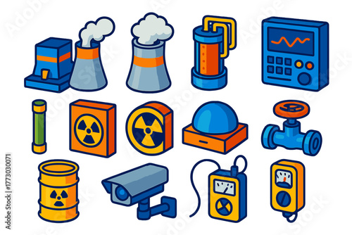 Nuclear Energy Elements. Isometric vector illustration set Energy and Sustainability: nuclear power plant, cooling tower, reactor