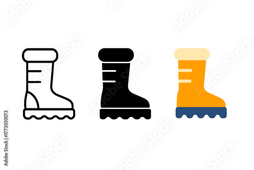 Stylish Snow Boots Icons. Minimalist snow boots icon: three identical insulated boots icons in a row, first in line style with
