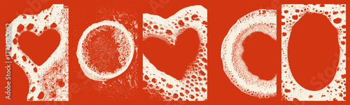 Red soap foam and bubble shape frames vector set. Heart, circle and oval sponge patterns with soapy texture for creative detergent or bath design. Modern halftone overlay background.