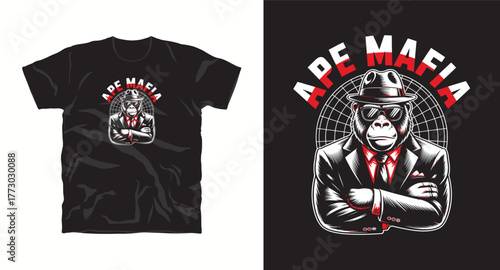 Ape Mafia Gorilla Boss Vector Design Mobster Primate Suit Gangster T Shirt Illustration Modern Graphic Animal Character Logo Emblem Apparel Print Design