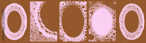 Pink soap foam bubble texture on brown background. Delicate soapy stains and sponge pattern with soft lather. Vector overlay frames for beauty, or cleaning product branding.