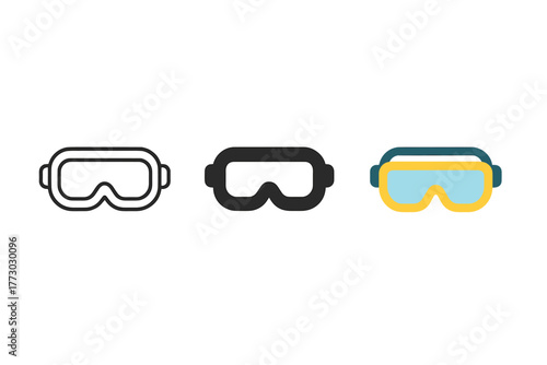 Minimalist Goggles Icon. Minimalist safety goggles icon: three identical protective goggles in a row, first in line style with