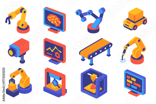 Robotics in Manufacturing. Isometric vector illustration set Robotics and AI in Manufacturing: robotic arm, AI control screen,