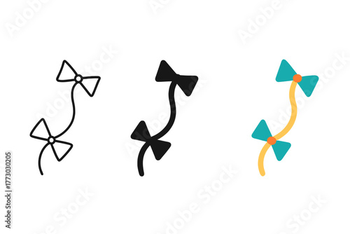 Kite Tails Icons. Minimalist tail decoration icon: three identical kite tails icons in a row, first in line style with thin