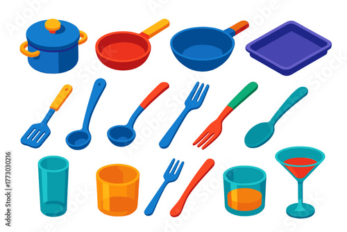 Kitchen Dining Elements. Isometric vector illustration set Kitchen and Dining Elements: saucepan tall, frying shallow, wok wide,