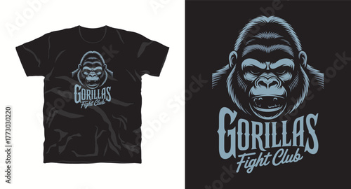 Gorillas Fight Team Apparel Design Graphic Vector for T Shirt Logo Print. Strong Ape Monkey Wild Animal Mammal Vector Illustration Mascot Drawing Sign