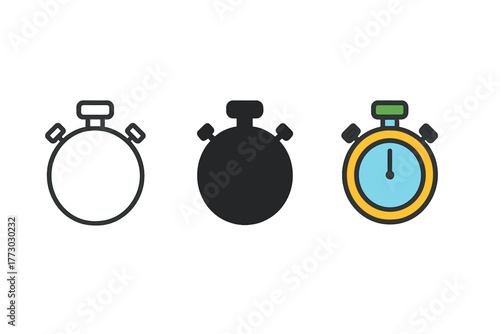 Minimalist Stopwatch Styles. Minimalist stopwatch icon: three identical stopwatches with top button in a row, first in line style