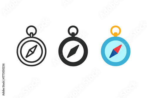 Trio of Compasses. Minimalist compass icon: three identical handheld compasses in a row, first in line style with thin outline,