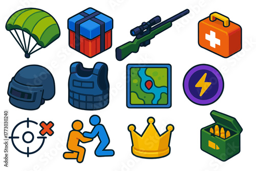 Battle Royale Icons. Isometric vector illustration set Gaming: battle royale parachute, supply crate, sniper rifle, medkit,