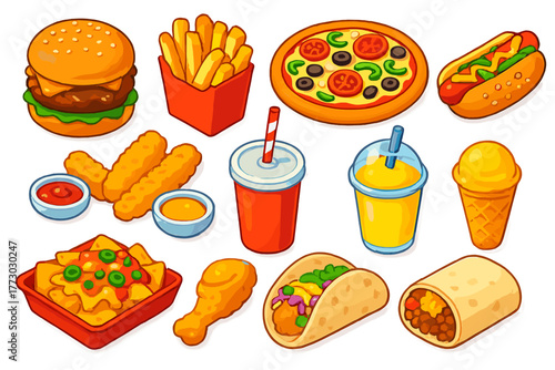 Vibrant Fast Food Icons. Isometric vector illustration set Fast Food Items: BBQ burger, steak fries, veggie supreme pizza, Chicago