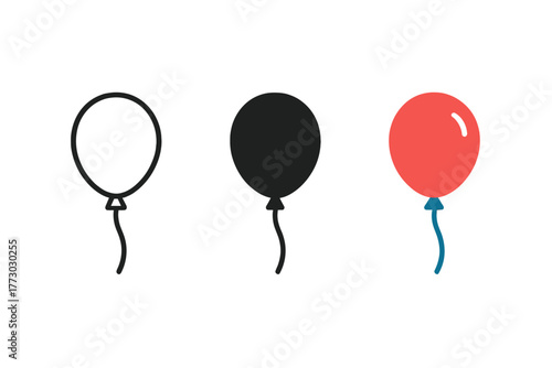 Minimalist Balloon Trio. Minimalist balloon icon: three identical round balloons with strings in a row, first in line style with