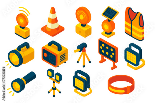 Safety Warning Lights. Isometric vector illustration set Safety and Warning: night construction light, reflective cone,