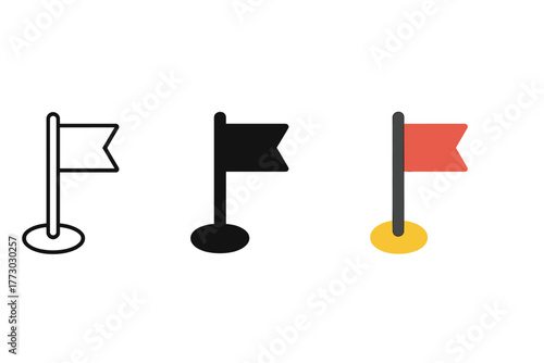Minimalist Race Checkpoints. Minimalist checkpoint icon: three identical race checkpoints with flags in a row, first in line style