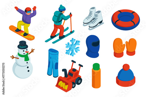 Winter Sports Icons. Isometric vector illustration set winter sports and fun: park freestyle snowboard, ski touring set, beginner