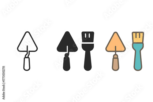 Excavation Tool Icons. Minimalist excavation tool icon: three identical trowel and brush icons in a row, first in line style with