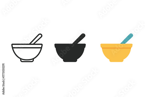 Mixing Bowl Trio. Minimalist mixing bowl icon: three identical mixing bowl with spoon icons in a row, first in line style with