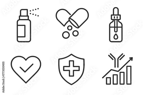 Resilience and Immunity Icons. Line style icons of Resilience and Immunity Hacks: zinc spray bottle, probiotic capsule, vitamin D