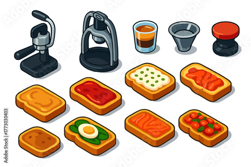 Coffee Gear & Toasts. Isometric vector illustration set Coffee Equipment and Breakfast Treats: hand espresso maker, manual press,