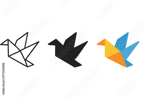 Origami Icon Trio. Minimalist finished shape icon: three identical folded origami figures in a row, first in line style with thin