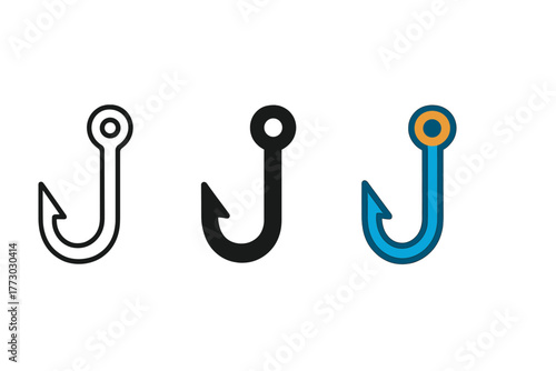Minimalist Fishing Hooks. Minimalist hook icon: three identical fishing hook icons in a row, first in line style with thin outline