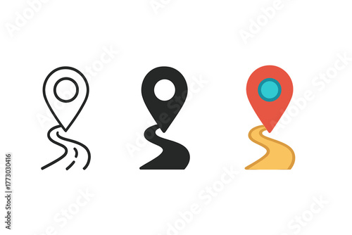 GPS Pin Trio. Minimalist navigation icon: three identical GPS pin with road icons in a row, first in line style with thin outline,